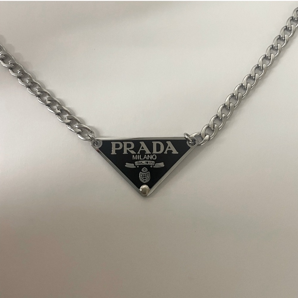 Prada Authentic Reworked Black Triangle Pendant Necklace